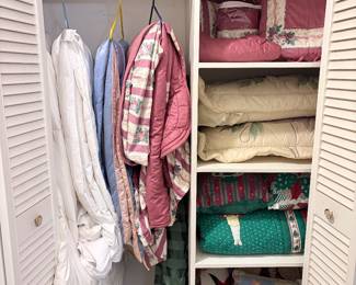 Down comforters, amazing 90’s bedding, quilts, throws, full granny Christmas bedding set