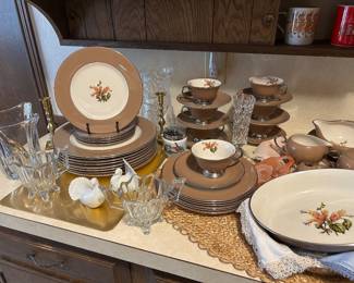 Flintridge California China - “Cambria Cocoa” pattern; brass candlesticks