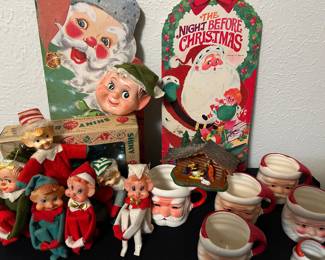 Vintage Christmas! Shiny Brite ornaments, vintage books, knee hugger pixie elves, mid century Santa face mugs