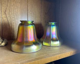 Signed Steuben glass lamp shades, gold Aurene