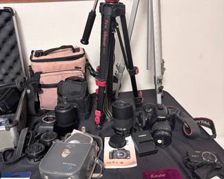 camera tripods, keystone camera recorder, sony camera with various lenses, sony cyber shot digital camera