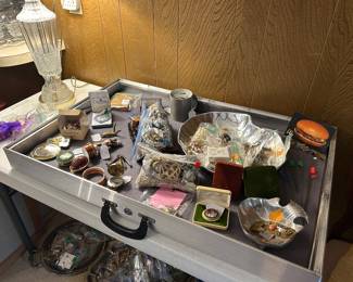 Limoges trinket boxes, belt buckles, skeleton keys, ivory, collectibles, costume jewelry and brooches - some marked, vintage hat pins