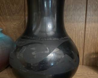 Maria & Julian Martinez  3.75” blackware pot, signed “Marie Julian”, so 1925-1943 time period