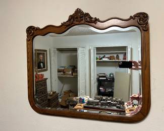 Antique oak mirror, beveled glass
