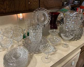 Full collection of Fostoria American dishes: tea glasses, champagne, wine, plates, saucers, coffee cups - come make a full set!