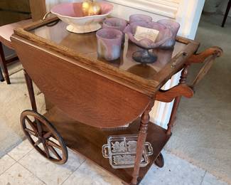 Bar cart, Cowan pottery, nouveau art glass set
