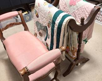 Vintage girly bench, quilt rack, quilts
