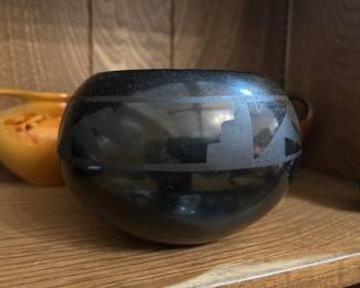 Maria & Julian Martinez  3.75” blackware pot, signed “Marie Julian”, so 1925-1943 time period