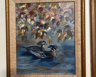 Vintage signed painting, wood ducks