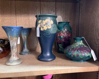 Peters and Reed Landsun bud vases, Moorcroft Finch and Fruit, 