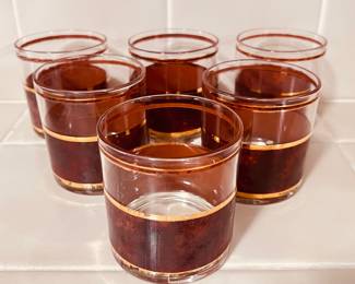 Vintage set of 6 Brown Tortoise Gold Lined Lowball Tocks Glasses 3.5x3