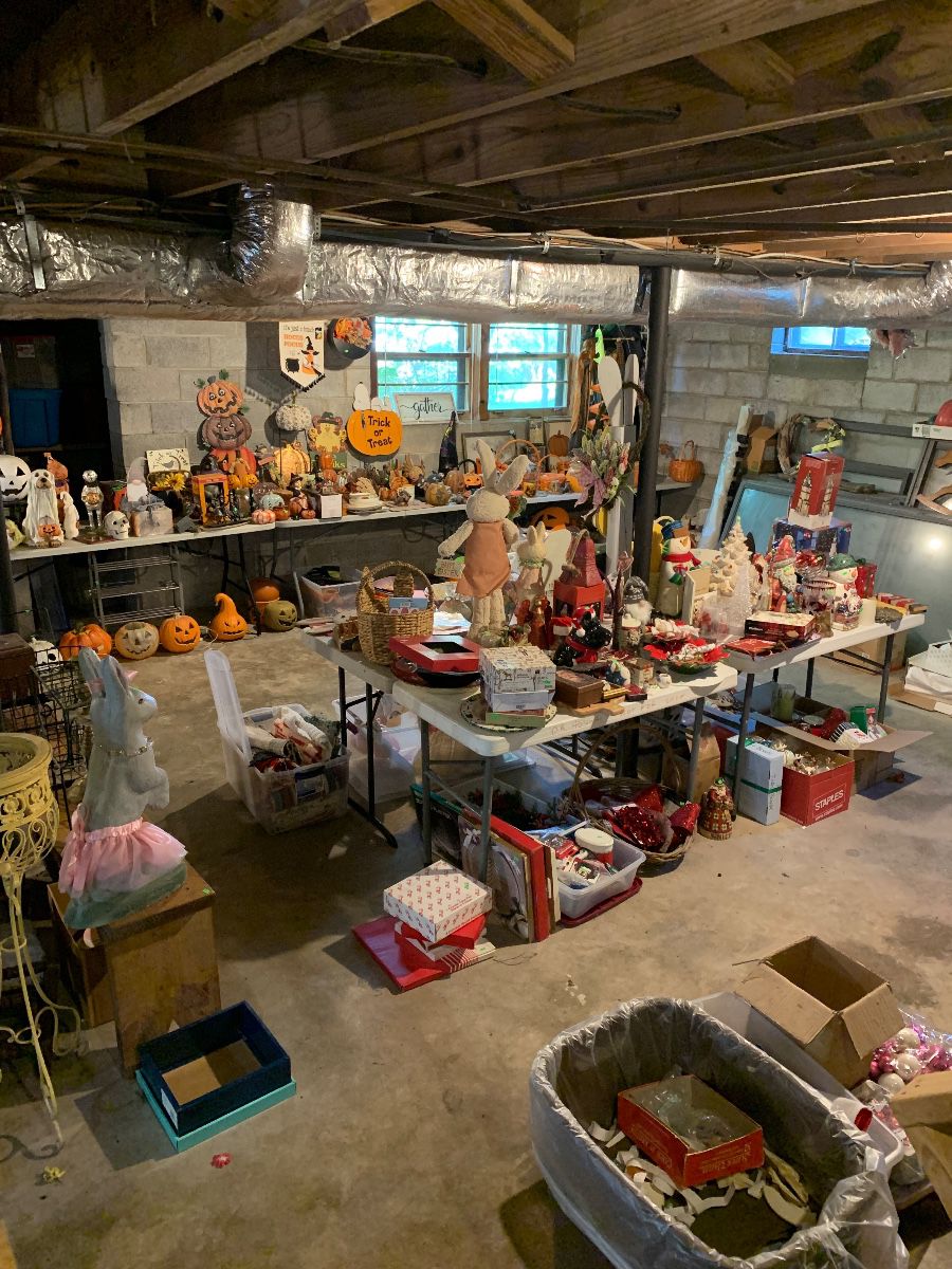Holiday materials will be in the basement (except one table of rabbits -that is to keep them from multiplying!)