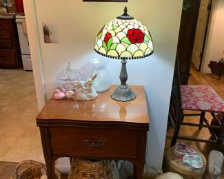 Nice leaded glass lamp; sewing machine