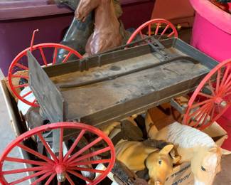 bin of plastic horses and wagon