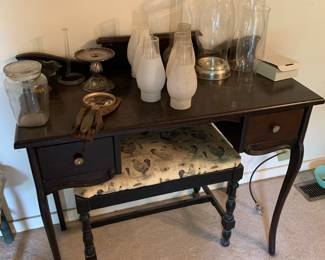 vanity and bench; lamp chimneys