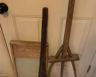 antiques -hay fork, stirring paddle, glass wash board