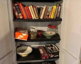 Cookbooks and assorted; Rubbermaid cupboard