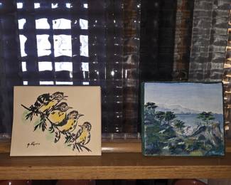 This is a small, beige-colored art print featuring four birds signed by the artist "G. Rogers".