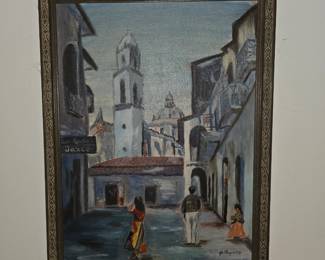 +2 This is a framed oil painting depicting a Mexican street scene, likely in Taxco based on the architectural style and similar