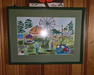 This is a framed watercolor painting of a lively fairground scene featuring a prominent Ferris wheel.