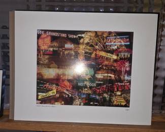 This art piece is titled "State Fair After Dark" and features a collage of vibrant scenes from the Minnesota State Fair at night