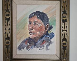 item is a vintage framed oil painting on canvas featuring a portrait of a Native American individual.Artist: The signature appears to read "J. Rogers" or "G. Rogers".Style: The artwork is in an impressionistic style with visible brushwork.Frame: The painting is housed in a carved wooden frame with decorative geometric or stylized motifs.Era: Similar paintings of this subject matter and style were popular in the 1970s.
