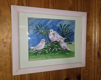 characteristics of the artwork, it is an original painting of several pink-toned birds (likely doves or finches) in a snowy or branch-filled setting, signed by the artist "G. Rogers."