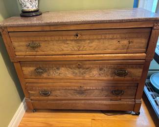 Antique Victorian East Lake Burl Walnut 3 Drawer Chest Marble Top 1800’s