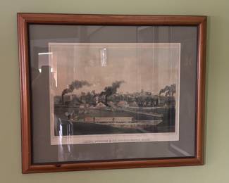 Antique original etching of small town