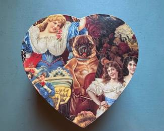 Victorian Style HeartShaped Tin Box with Pug and Ladies  Fannie May