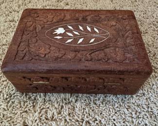 Vintage HandCarved Indian Wooden Jewelry Box with Inlay