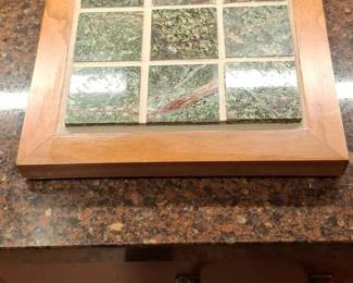 Handcrafted Cherry and Redwood Trivet with Green Marble Mosaic Tiles