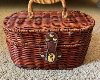 Vintage Wicker Knitting or Craft Basket with Yarn and Loom