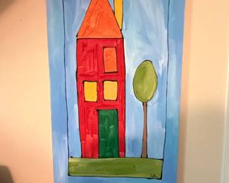 Folk Art House and Tree Painting
