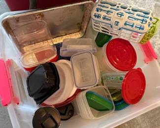 Vintage Olive Green Plastic Drawer Organizer Unit and Assorted Food Storage Containers second image