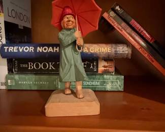 HandCarved Wooden Figurine of a Man with Umbrella
