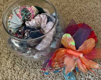 Assorted Fabric Scrunchies in Glass Bowl with Decorative Flower Accent