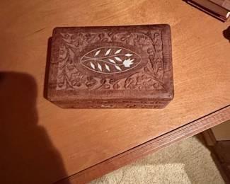 Hand Carved Wooden Trinket Box with Floral Inlay