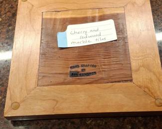 Handcrafted Cherry and Redwood Trivet with Green Marble Mosaic Tiles second image