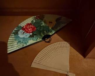 Vintage Floral Silk Folding Fan and Carved Wooden Fan Set