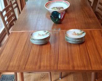 Danish Teak Extendable Dining Table with Chairs and Assorted Tableware