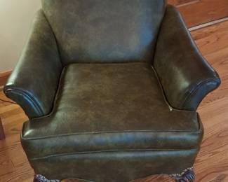 Vintage Green Leather Wingback Armchair with Cabriole Legs and Nailhead Trim