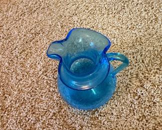Vintage Blue Crackle Glass Pitcher second image