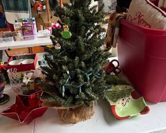 Mini Artificial Christmas Tree with Burlap Base and Lights