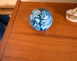 Glass Paperweight with Blue and White Swirls