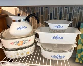 Corning Blue Cornflower casserole set, coffee pot, and loaf pan