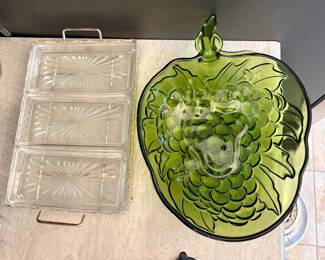 Glass & silver serving dish with 3 inserts & large green fruit bowl 