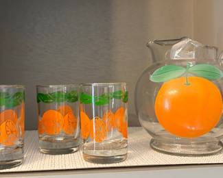 vintage Anchor Hocking orange juice carafe and glasses set
