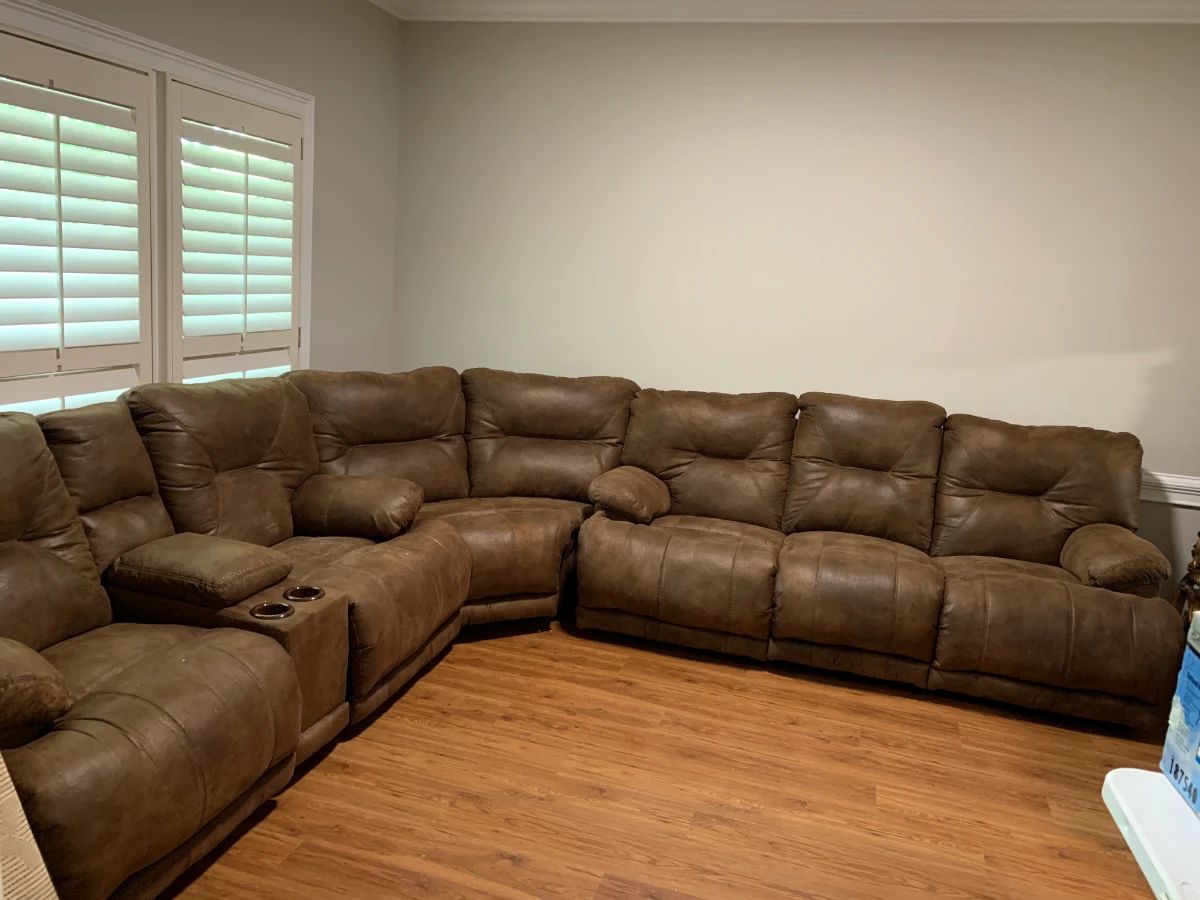 #1	brown leather look 3 piece sectional recliner w cup holders  sofa74 lx corner55lx sofa 84l 	 $300.00 