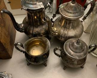 #197	Silver Plate Tea and Coffe Pots w/ Sugar and Creamer	 $60.00 